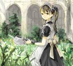 1girl apron arch bad_drawr_id bad_id black_dress bow brown_eyes brown_hair character_request copyright_request day dress dress_bow flower garden grass holding holding_watering_can long_hair looking_at_viewer looking_back maid maid_apron maid_headdress oekaki outdoors puffy_short_sleeves puffy_sleeves short_sleeves sketch smile solo suya000 tree twintails watering_can white_apron white_flower window wrist_cuffs yellow_bow 