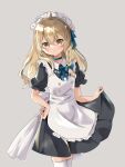  1girl absurdres alternate_costume blonde_hair blue_bow blue_bowtie blue_choker blush bow bowtie braid choker closed_mouth commentary_request grey_background hair_bow hidukihumi highres kirisame_marisa long_hair looking_at_viewer maid maid_headdress short_sleeves side_braid single_braid solo sweatdrop touhou waist_bow white_bow yellow_eyes 