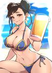  1girl :3 abs absurdres alcohol alternate_costume ap_cammy beer beer_mug bikini blue_bikini blush breasts brown_eyes brown_hair chun-li cleavage closed_mouth commentary_request cup double_bun drinking_glass earrings food fruit hair_bun highres holding holding_cup jewelry large_breasts lemon lemon_slice looking_at_viewer mug navel side-tie_bikini_bottom smile solo stomach street_fighter swimsuit 