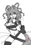  1girl antennae bed blush breasts breasts_squeezed_together cajita crying drill_hair funamusea highres huge_breasts lobco looking_at_viewer monochrome solo sweat twin_drills 