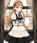  1girl :| apron ascot bad_drawr_id bad_id black_ascot black_bow black_vest bow brown_eyes building character_request closed_mouth collared_dress copyright_request curtains day dress dress_bow holding holding_teapot holding_tray indoors light_brown_hair long_hair looking_at_viewer maid maid_headdress oekaki puffy_short_sleeves puffy_sleeves short_sleeves solo standing suya000 teapot tray vest white_apron white_dress window wrist_cuffs 