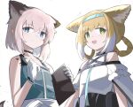  2girls :d absurdres animal_ear_fluff animal_ears arknights bare_shoulders black_choker blonde_hair blue_dress blue_eyes blue_hairband braid brown_hair choker closed_mouth collarbone dress flying_sweatdrops fox_ears fox_girl fox_tail gloves green_eyes hair_between_eyes hair_rings hairband highres holding multicolored_hair multiple_girls shirt simple_background smile spam_(spamham4506) sussurro_(arknights) suzuran_(arknights) tail twin_braids two-tone_hair white_background white_gloves white_hair white_shirt 