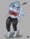  absurd_res anthro athletic athletic_anthro athletic_female black_bottomwear black_clothing black_pants blue_body blue_eyes blue_fur blue_hair bottomwear breasts clothed clothing crop_top dialogue digitigrade female fluffy fluffy_tail fur grey_background hair hi_res jenni_(word360) lagomorph leporid long_ears mammal midriff muscular muscular_anthro muscular_female navel pants rabbit red_clothing red_shirt red_topwear shirt simple_background solo spots stretching tail tank_top tight_clothing topwear word360 yoga_pants 