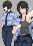  1girl :/ armpits belt black_hair blue_necktie blue_pants blue_shirt breasts commentary_request cowboy_shot fuku_(fuku12290574) grey_background grey_eyes grey_tank_top highres mole mole_under_eye multiple_views necktie original pants police police_uniform policewoman profile shirt short_hair simple_background steaming_body sweat tank_top undressing uniform 