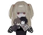  1girl amane_misa bags_under_eyes black_hair blonde_hair blood blood_on_knife blood_splatter brown_hair colored_skin death_note grey_skin hand_puppet hands_up hougetsu_(moon_neetcat) knife l_(death_note) long_hair long_sleeves puppet red_eyes short_hair simple_background solo stab two_side_up upper_body white_background yagami_light 
