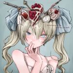  1girl bare_shoulders blonde_hair blue_background blue_bow blue_eyes bow bra cake cake_slice cherry cupcake empty_eyes english_text finger_in_own_mouth food fork fruit glass_bottle hair_bow hand_up highres key knife long_hair looking_at_viewer original pocket_watch simple_background solo strawberry tag twintails underwear upper_body watch white_bra worm yumeko_(devilxkid) 