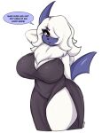 2024 absol absurd_res anthro big_breasts black_clothing black_dress breasts clothing dialogue dress eyebrows eyelashes female fur generation_3_pokemon hair hair_over_eye hi_res huge_breasts i_am_kat95 looking_at_viewer neck_tuft nintendo one_eye_obstructed pokemon pokemon_(species) red_eyes solo thick_thighs tuft white_body white_fur white_hair wide_hips