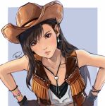  1girl angry black_gloves black_hair blue_background blush border brown_headwear brown_vest closed_mouth commentary cowboy_hat cowgirl_(western) crisis_core_final_fantasy_vii earrings english_commentary final_fantasy final_fantasy_vii gloves hands_on_own_hips hat head_tilt highres jewelry lips long_hair looking_at_viewer official_alternate_costume outside_border pink_lips red_eyes signature simple_background sleeveless solo tifa_lockhart vest white_border xriviia 