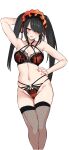  1girl absurdres agetama arm_up black_hair bra date_a_live fishnet_thighhighs fishnets hand_on_own_hip highres long_hair open_mouth panties red_bra red_eyes red_panties simple_background smile solo thighhighs tokisaki_kurumi twitter_username underwear white_background 