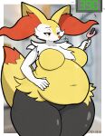 1:1 absurd_res anthro belly big_belly big_breasts braixen breasts butt canid canine curvy_figure digital_media_(artwork) english_text expansion female fox fur generation_6_pokemon hi_res huge_breasts hyper inflation inner_ear_fluff mammal mushkoe navel nintendo nude obese obese_anthro obese_female overweight overweight_anthro overweight_female pokemon pokemon_(species) simple_background solo stuffing stuffing_(food) tail text thick_thighs tuft voluptuous weight_gain wide_hips yellow_body yellow_fur