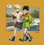  2boys backpack bag black_footwear black_hair blue_eyes blush boat boots brown_shorts chinese_commentary commentary_request gon_freecss green_footwear green_jacket green_shorts highres hunter_x_hunter jacket killua_zoldyck layered_sleeves long_sleeves male_focus mountain multiple_boys ocean open_mouth red_eyes red_shirt shao_ziye shirt short_over_long_sleeves short_sleeves shorts simple_background spiked_hair spoken_symbol twitter_username undershirt watercraft white_hair white_shirt yellow_background 