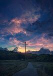  artist_name bush cloud cloudy_sky commentary_request evening fence gradient_sky grass highres industrial_pipe mks no_humans original outdoors path power_lines road scenery sky sunset traffic_mirror tree utility_pole 