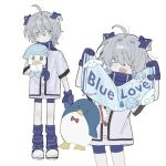  &gt;_&lt; 1girl ahoge blue_gloves blue_shorts cinnamoroll closed_eyes closed_mouth fang feet_out_of_frame flag full_body gloves grey_hair grey_jacket hair_between_eyes hair_ornament hands_up highres holding holding_flag holding_stuffed_toy hougetsu_(moon_neetcat) jacket leg_warmers looking_at_viewer multiple_views open_mouth original pokemon quagsire quaxly sanrio shark_hair_ornament shoes short_hair shorts simple_background skin_fang smile standing stuffed_toy tuxedo_sam white_background 