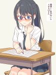  1girl black_hair blue_eyes blush chair daipunch glasses highres holding holding_pencil long_hair necktie original pencil ponytail red-framed_eyewear school_chair shirt sitting smile solo sweatdrop uniform white_shirt writing 