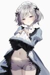  1girl blush bow clothes_lift contender_(flowerful_maid)_(girls&#039;_frontline) contender_(girls&#039;_frontline) diieru dress dress_lift girls&#039;_frontline grey_dress grey_hair grey_shorts hair_bow highres looking_at_viewer maid maid_headdress multicolored_hair navel official_alternate_costume pout presenting purple_eyes purple_hair short_hair short_shorts shorts solo streaked_hair sweatdrop white_background 