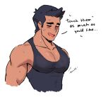  1boy absurdres bara black_hair black_tank_top blush closed_eyes english_text highres large_pectorals little_mac male_focus milkiato muscular muscular_male open_mouth pectoral_cleavage pectorals punch-out!! short_hair simple_background solo tank_top white_background 