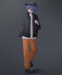  1girl absurdres backpack bag baseball_cap black_jacket blue_hair bocchi_the_rock! boots commentary english_commentary full_body gradient_background grey_background hair_ornament hairclip hand_in_pocket hat highres jacket machuuu68 orange_pants pants shirt solo white_shirt yamada_ryo 
