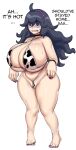  1girl @_@ absurdres animal_print bikini breasts cow_print english_text gigantic_breasts gray_impact hex_maniac_(pokemon) highres long_hair open_mouth pokemon pokemon_(game) pokemon_xy purple_eyes purple_hair simple_background swimsuit white_background 