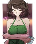  1girl apron artist_name bare_shoulders barista border breasts brown_eyes brown_hair cafe closed_mouth covered_nipples cup disposable_cup english_text green_apron haysey highres holding holding_cup holding_marker iced_latte_with_breast_milk_(meme) kawakami_sadayo lactation lactation_through_clothes large_breasts lips marker mature_female meme naked_apron persona persona_5 short_hair skeptical solo white_border 