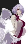  1girl braid breasts closed_mouth commentary_request covered_mouth french_braid grey_hair grey_jacket hat_iue highres jacket kishin_sagume large_breasts long_sleeves looking_at_viewer red_eyes short_hair single_wing solo touhou wings 
