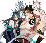  1boy 3girls ? ?? aiding868 arknights black_hair blue_hair brother_and_sister chong_yue_(arknights) dated dusk_(arknights) highres horns ling_(arknights) multiple_girls nian_(arknights) siblings sisters white_background white_hair 