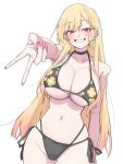  barbell_piercing bikini black_bikini blonde_hair breasts cleavage ear_piercing floral_print grin gyaru_v highres industrial_piercing kitagawa_marin large_breasts long_hair multi-strapped_bikini_bottom nail_polish piercing pink_nails print_bikini red_eyes side-tie_bikini_bottom simple_background smile sono_bisque_doll_wa_koi_wo_suru standing swimsuit v white_background yonne_(zyyg5423) 