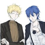  2boys atou_haruki black_jacket blonde_hair blue_hair chinese_commentary closed_eyes closed_mouth commentary_request crossover hair_between_eyes highres jacket long_sleeves male_focus multiple_boys open_clothes open_jacket ribbed_sweater saibou_shinkyoku shirt short_hair simple_background sketch smile sweater turtleneck turtleneck_sweater white_background white_shirt yiren_zhixia zhi_huan zhuge_qing 