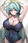  1girl absurdres abydos_high_school_swimsuit ahoge aqua_hair armpits arms_up bandaid bandaid_on_arm blue_archive blue_one-piece_swimsuit blush breasts cleavage collarbone competition_school_swimsuit covered_navel hair_intakes halo highres huge_ahoge huge_breasts long_hair looking_at_viewer murabito_c one-piece_swimsuit school_swimsuit simple_background solo sweat swimsuit very_long_hair white_background yume_(blue_archive) 