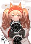  1girl 1other 360_(taiyo360) angelina_(arknights) animal_ears arknights black_gloves blush brown_hair chromatic_aberration coat cross_in_eye earpiece fox_ears fox_girl gloves graphics_card hairband highres holding inset medium_hair micro_star_international no_nose red_eyes red_hairband simple_background sparkle striped_clothes striped_hairband sweatdrop twintails two-tone_hairband white_coat 