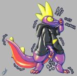 2024 4_claws anthro black_clothing bottomless claws clothed clothing colored colored_sketch costume creases exclamation_point folds fursuit glistening grey_background head_spikes hi_res hoodie hoodie_only inflatable latex latex_clothing leezpunk male nozzle nozzle_on_tail null_bulge pal_(species) palworld pulling_suit purple_body rubber_clothing rubber_suit simple_background sketch solo spiked_tail spikes spikes_(anatomy) stormdragonblue stuck stuck_in_suit suit tail topwear topwear_only trapped tugging wrinkles wrinkles_in_clothes yellow_eyes