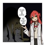  2girls ahoge blonde_hair bocchi_the_rock! bow commentary english_commentary english_text fullmetal_alchemist green_eyes highres ijichi_nijika kita_ikuyo lab_coat machuuu68 monster_girl multiple_girls one_side_up red_bow red_hair stethoscope 