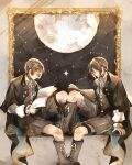  2boys black_hair book boots closed_eyes closed_mouth constellation_print frown full_moon highres mahoutsukai_no_yakusoku male_focus moon multiple_boys open_book picture_frame reading short_hair siblings sikka_ku smile snow_(mahoutsukai_no_yakusoku) star_(symbol) twins white_(mahoutsukai_no_yakusoku) 