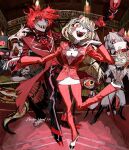  3girls 5boys alastor_(hazbin_hotel) angel_dust animal_ears black_footwear blonde_hair boots bow bowtie charlie_morningstar clenched_teeth colored_sclera colored_skin demon_boy demon_girl everyone fence floor gomibaketsu3 grey_skin hair_bow hair_over_one_eye hat hazbin_hotel high_heels highres husk_(hazbin_hotel) indoors long_hair lucifer_(hazbin_hotel) multiple_boys multiple_girls niffty_(hazbin_hotel) one-eyed open_mouth pants red_eyes red_hair red_pants red_sclera red_shirt red_suit sharp_teeth shirt short_hair smile standing suit teeth top_hat vaggie white_headwear white_skin yellow_eyes yellow_sclera 