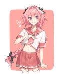  1boy astolfo_(fate) astolfo_(sailor_paladin)_(fate) black_bow blush bow braid clenched_hand cropped_shirt fang fate/extella fate/extella_link fate/extra fate/grand_order fate_(series) hair_bow hair_intakes hand_on_own_chest heart highres light_blush long_hair looking_at_viewer male_focus midriff multicolored_hair otoko_no_ko pink_hair pink_sailor_collar pink_serafuku pink_skirt pleated_skirt purple_eyes red_sailor_collar sailor_collar sailor_shirt school_uniform serafuku shirt short_sleeves simple_background single_braid skin_fang skirt smile solo streaked_hair thighhighs two-tone_background user_stsj7287 very_long_hair white_hair white_shirt white_thighhighs 