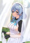  1girl :o ako_(blue_archive) alternate_costume apron aqua_bow aqua_bowtie black_gloves blue_archive blue_eyes blurry blush bow bowtie breasts center_frills clothing_cutout depth_of_field earrings enmaided frills gloves halo highres jewelry kaiso_(kaisooekaki) laundry looking_at_viewer maid maid_apron maid_headdress medium_breasts puffy_short_sleeves puffy_sleeves short_sleeves sideboob sidelocks silhouette solo stud_earrings white_apron 