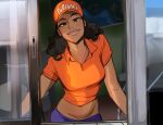  1girl black_eyes black_hair collared_shirt commentary crop_top dark-skinned_female dark_skin drive-thru employee_uniform english_commentary fast_food_uniform lightsource looking_at_viewer midriff orange_headwear orange_shirt photo-referenced popeyes_louisiana_kitchen pornstar real_life shirt short_hair solo uniform upper_body 