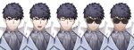  1boy alchemy_stars black_hair expressions highres looking_at_viewer magicxbai male_focus multiple_views official_alternate_costume pittman_(alchemy_stars) portrait scar scar_on_cheek scar_on_face short_hair suit sunglasses 