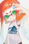  1girl bangs bare_shoulders black_shorts green_eyes hand_up head_tilt highres holding inkling inkling_girl long_hair looking_at_viewer marble_(toy) mikoshiba_m orange_hair pointy_ears short_shorts shorts simple_background smile splatoon_(series) tank_top tentacle_hair v-shaped_eyebrows white_background white_tank_top 