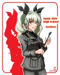  1girl anchovy_(girls_und_panzer) anzio_military_uniform artist_logo bangs belt black_belt black_necktie black_ribbon black_shirt border character_name closed_mouth commentary dated dress_shirt drill_hair english_text girls_und_panzer green_hair grey_jacket grey_pants grin hair_ribbon holding jacket long_hair long_sleeves looking_at_viewer military military_uniform necktie nishi_itsumi outline pants red_border red_eyes ribbon riding_crop rounded_corners sam_browne_belt shirt silhouette smile solo standing twin_drills twintails uniform white_outline wing_collar 