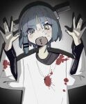  1girl absurdres alternate_costume blood blood_on_clothes blue_hair bocchi_the_rock! fang highres kitchen_knife knife looking_at_viewer machuuu68 mole mole_under_eye open_mouth stitches yamada_ryo yellow_eyes zombie 