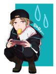  1boy arafune_squad&#039;s_uniform backwards_hat baseball_cap black_headwear black_jacket black_pants boots brown_eyes brown_hair cellphone food hanzaki_yoshito hat holding holding_phone jacket long_sleeves looking_at_viewer male_focus mouth_hold off_shoulder pants phone popsicle shirt short_hair solo sonoda_(mzm) squatting sweat white_shirt world_trigger 