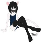 2019 anthro black_clothing black_hair black_legwear black_mask black_thigh_highs black_underwear blue_clothing blue_shirt blue_tank_top blue_topwear clothed clothing female full-length_portrait fur green_eyes hair hand_on_ground humanoid_hands legwear mammal mask mouse murid murine pink_inner_ear portrait rodent rofortyseven shirt simple_background sitting solo tail tail_tuft tan_body tan_fur tank_top thigh_highs topwear tuft underwear white_background white_ears