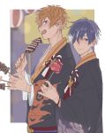  2boys beelzebub_(obey_me!) belphegor_(obey_me!) brothers candy_apple eating food fried_squid highres japanese_clothes kebab kimono light_smile multicolored_hair multiple_boys obey_me!:_one_master_to_rule_them_all! orange_hair purple_eyes purple_hair siblings smile streaked_hair summer_festival two-tone_hair user_unwc4745 white_hair yukata 