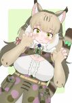  1girl absurdres animal_ears belt camouflage cat_ears cat_girl cat_tail elbow_gloves extra_ears fingerless_gloves gloves green_background green_eyes grey_hair highres jacket jungle_cat_(kemono_friends) kemono_friends kemono_friends_v_project long_hair looking_at_viewer microphone ribbon shirt simple_background skirt solo sun3_bears tail twintails virtual_youtuber 
