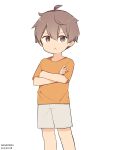  1boy ahoge arakokra artist_name bangs brown_eyes brown_hair child closed_mouth cowboy_shot crossed_arms dated hair_between_eyes highres male_child male_focus orange_shirt original pout shirt short_hair shorts simple_background solo white_background 