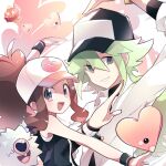  1boy 1girl :d artist_name baseball_cap bat_(animal) bat_wings blue_fur brown_hair clear_2758 colored_skin commentary_request green_hair grey_eyes hat heart_arms heart_arms_duo high_ponytail highres hilda_(pokemon) long_hair looking_at_viewer luvdisc magikarp medium_hair n_(pokemon) open_mouth pink_skin poke_ball_print pokemon pokemon_(creature) pokemon_bw print_headwear shirt smile teeth twitter_username upper_teeth_only v-shaped_eyebrows white_shirt wings woobat 