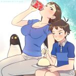  1boy 1girl aoyama-kun_(penguin_highway) artist_name bird blue_shirt blush breasts brown_hair can cleavage cocopeace cola commentary dated day drink drinking food grey_pants grey_shorts holding holding_can holding_spoon long_hair medium_breasts onee-san_(penguin_highway) outdoors pants penguin penguin_highway pudding shirt short_hair short_sleeves shorts sitting spoon 