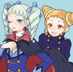  2girls aiguillette bad_drawr_id bad_id black_cape black_ribbon blue_background blue_coat blue_shirt buttons cape character_request coat cone_hair_bun copyright_request double_bun drill_hair fangs green_hair hair_bun hand_up holding holding_cape holding_clothes kaworu light_brown_hair long_sleeves looking_at_viewer medium_hair multiple_girls neck_ribbon oekaki one_eye_closed open_mouth orange_eyes ribbon shirt short_hair sidelocks simple_background sparkling_eyes teeth twin_drills uniform upper_body upper_teeth_only 