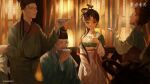  2boys 2girls backlighting black_eyes black_hair black_headwear bowl breasts chinese_clothes chinese_hairpin closed_eyes closed_mouth copyright_name copyright_notice drinking futou green_hanfu green_shirt hair_bun hair_ornament hair_over_shoulder hand_up hanfu highres holding holding_bowl jewelry jiu_niangzi lantern layered_sleeves lizheng_(reverse:1999) logo long_hair long_skirt long_sleeves looking_at_viewer multiple_boys multiple_girls necklace no_eyes official_art official_wallpaper old old_man paper_lantern red_shawl reverse:1999 shawl shirt short_over_long_sleeves short_sleeves single_side_bun skirt smile tassel tassel_hair_ornament underboob upper_body white_skirt white_sleeves 