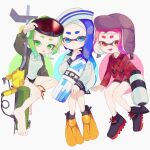  3girls absurdres bangs barefoot black_footwear black_shorts blue_eyes blue_hair brown_headwear full_body goggles goggles_on_head green_eyes green_jacket hand_up hat highres holding holding_water_gun inkling inkling_girl jacket looking_at_viewer mikoshiba_m multiple_girls octoling octoling_girl open_mouth pink_hair pointy_ears red_eyes red_jacket sailor_hat shirt short_shorts shorts sitting smile splatoon_(series) tentacle_hair water_gun white_background white_shirt 